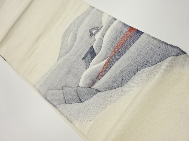 手織り紬すくい織抽象風景模様織出し名古屋帯